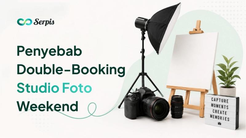 Ilustrasi cover artikel Serpis tentang double-booking studio foto saat weekend, menampilkan admin mengecek WhatsApp dan kalender booking penuh di laptop, dua klien datang hampir bersamaan, serta fotografer menyiapkan kamera dan lighting di studio foto yang ramai.