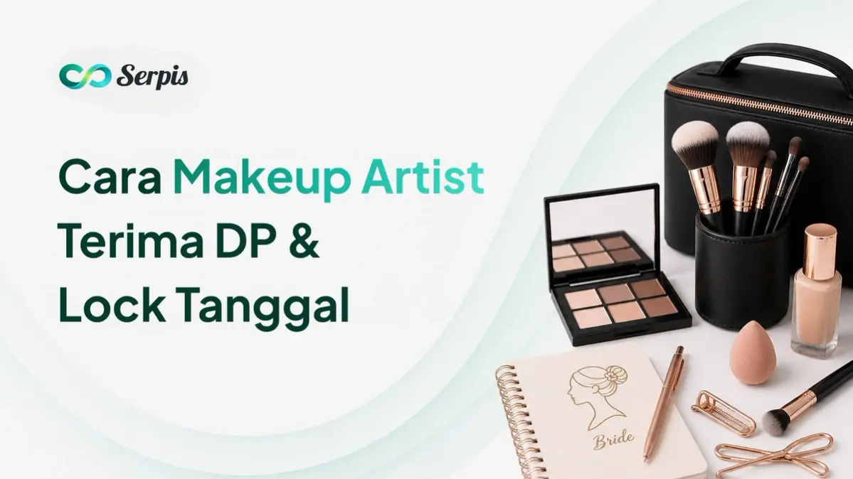 Gambar cover blog Serpis dengan latar putih dan aksen mint, logo Serpis di kiri atas, judul “Cara MUA freelance terima DP dan lock tanggal pernikahan,” serta perlengkapan MUA profesional di sisi kanan seperti kuas makeup, palet eyeshadow, botol foundation, beauty sponge, tas makeup, dan buku catatan pengantin.
