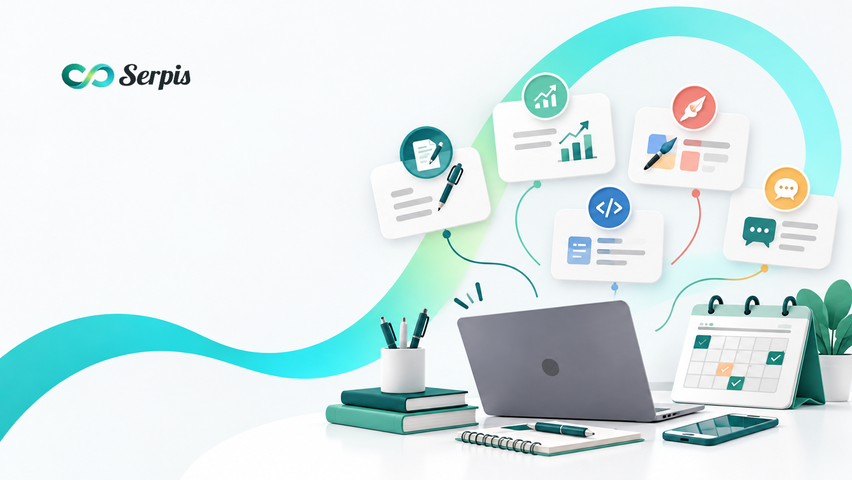 Ilustrasi meja kerja untuk kerja sampingan freelance, menampilkan laptop, buku, alat tulis, ponsel, kalender jadwal, serta kartu layanan digital seperti menulis, analisis, desain, coding, dan komunikasi.