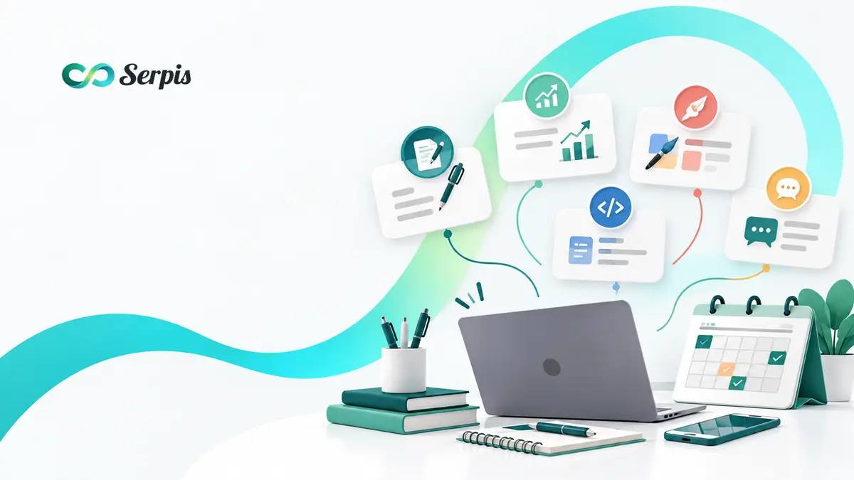Ilustrasi meja kerja untuk kerja sampingan freelance, menampilkan laptop, buku, alat tulis, ponsel, kalender jadwal, serta kartu layanan digital seperti menulis, analisis, desain, coding, dan komunikasi.