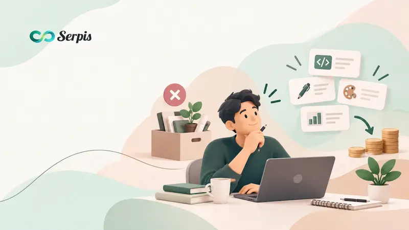 Ilustrasi seseorang yang mulai membangun usaha setelah terkena PHK, bekerja dengan laptop sambil dikelilingi simbol keahlian seperti coding, menulis, desain, dan analisis, serta tumpukan koin sebagai gambaran penghasilan dari keahlian.