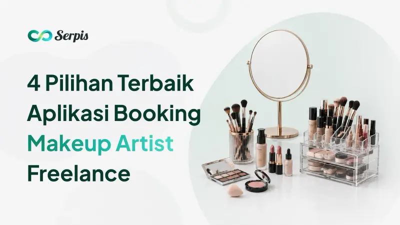 Ilustrasi perlengkapan makeup berupa cermin meja, kuas makeup, foundation, lipstik, eyeshadow palette, blush, spons makeup, dan organizer kosmetik akrilik di atas meja putih dengan latar minimalis bernuansa hijau muda.