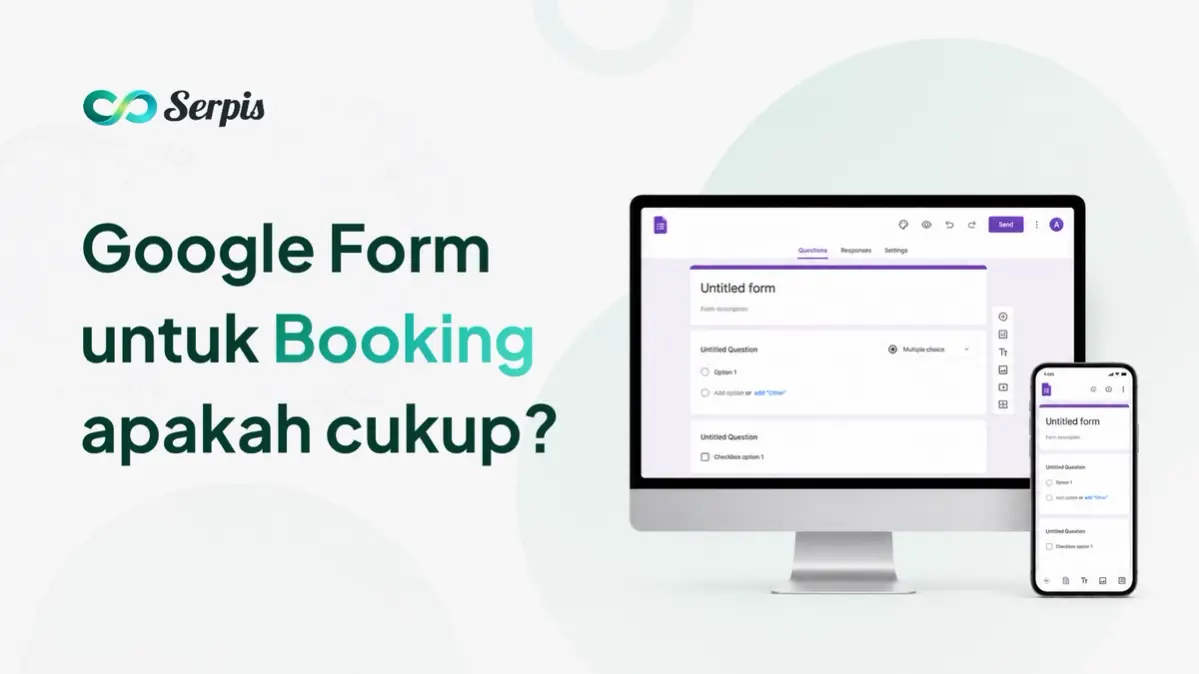 Ilustrasi monitor desktop dan smartphone yang menampilkan antarmuka Google Forms, dengan latar putih minimalis dan aksen lingkaran hijau muda.