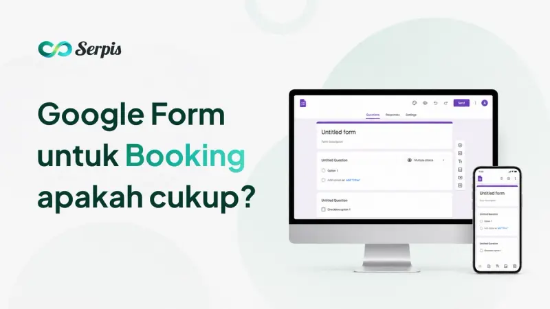 Ilustrasi monitor desktop dan smartphone yang menampilkan antarmuka Google Forms, dengan latar putih minimalis dan aksen lingkaran hijau muda.