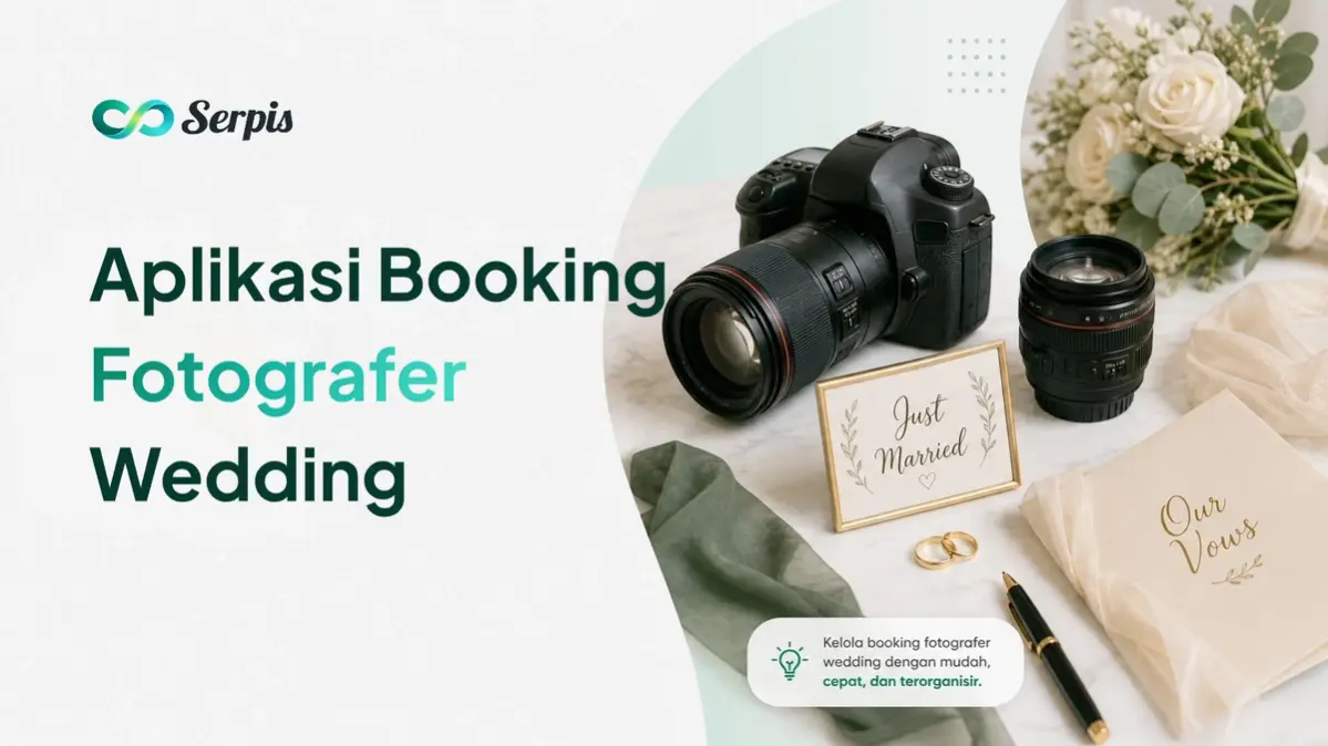 Ilustrasi cover blog Serpis tentang aplikasi booking fotografer wedding di Indonesia, menampilkan logo Serpis, judul besar, kamera DSLR, lensa kamera, bunga pernikahan, cincin, dan properti wedding di atas meja bergaya elegan.