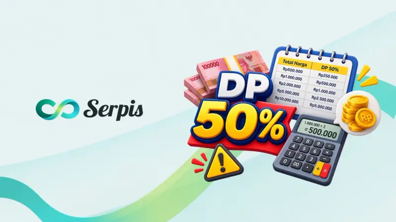 Gambar yang berisikan logo serpis beserta tulisan dp 50% dan objek kalkulator