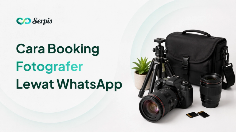 Ilustrasi perlengkapan fotografi berupa kamera DSLR, lensa, tripod kecil, tas kamera, kartu memori, dan tanaman kecil di atas latar putih minimalis dengan aksen hijau muda.