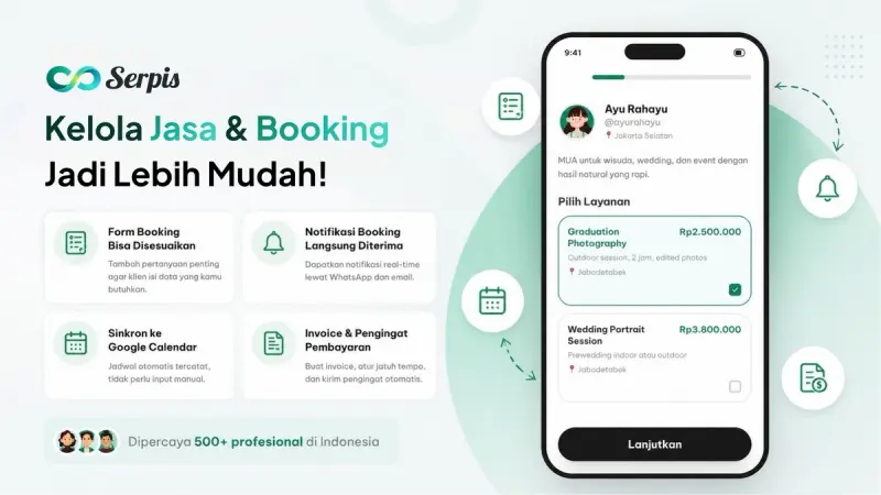 Ilustrasi banner aplikasi Serpis dengan preview layar ponsel untuk memilih layanan jasa, dilengkapi fitur form booking, notifikasi booking, sinkronisasi Google Calendar, serta invoice dan pengingat pembayaran.
