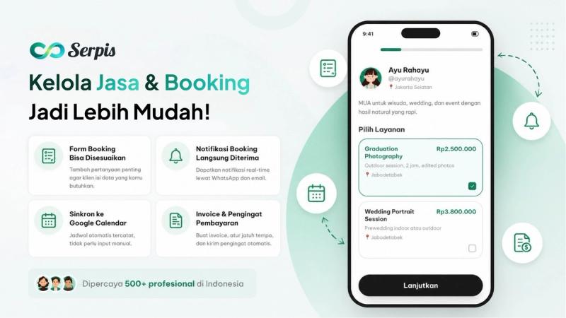Ilustrasi banner aplikasi Serpis dengan preview layar ponsel untuk memilih layanan jasa, dilengkapi fitur form booking, notifikasi booking, sinkronisasi Google Calendar, serta invoice dan pengingat pembayaran.