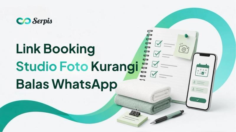 Ilustrasi cover artikel Serpis tentang link booking studio foto, menampilkan perempuan Indonesia sedang berpikir sambil memegang ponsel, mockup chat WhatsApp berisi pertanyaan klien berulang, serta poin manfaat seperti paket jelas, jadwal real-time, data klien lengkap, invoice otomatis, dan follow-up rapi.