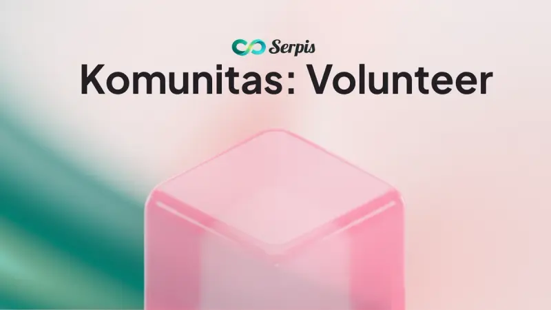 Gambar yang menunjukan tulisan komunitas volunteer beserta kubus berwarna pink dengan accent gradient berwarna hijau tua