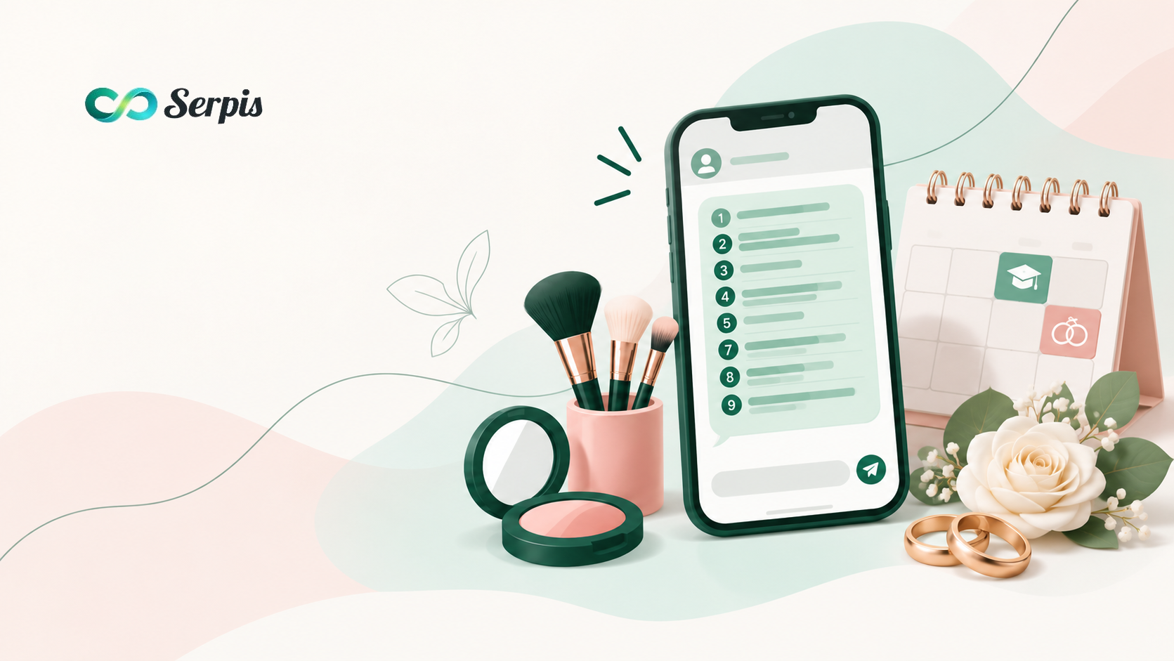 Ilustrasi pastel minimalis tentang format booking makeup melalui pesan chat, menampilkan ponsel dengan daftar sembilan poin, kalender untuk jadwal wisuda dan pernikahan, serta perlengkapan makeup dan cincin pernikahan.