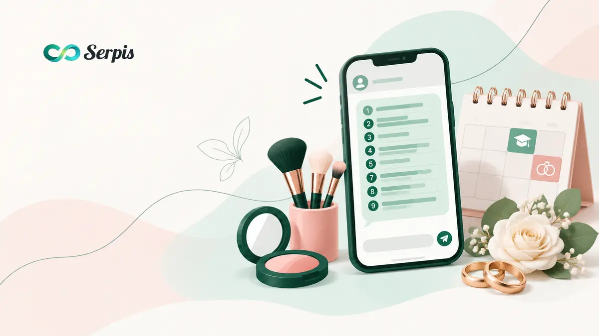 Ilustrasi pastel minimalis tentang format booking makeup melalui pesan chat, menampilkan ponsel dengan daftar sembilan poin, kalender untuk jadwal wisuda dan pernikahan, serta perlengkapan makeup dan cincin pernikahan.