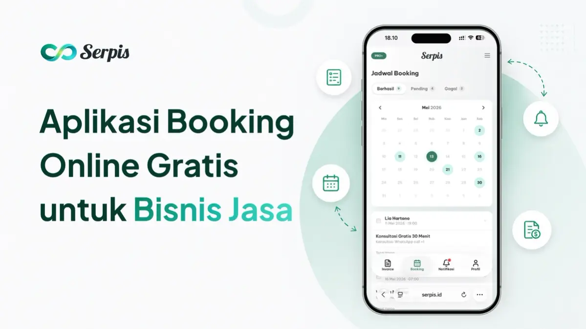 Ilustrasi mockup aplikasi booking di smartphone pada sisi kanan, dengan tampilan antarmuka sederhana, ikon kalender, notifikasi, formulir, dan invoice di latar putih minimalis bernuansa hijau muda.