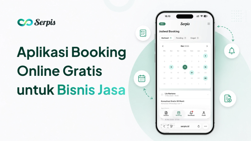 Ilustrasi mockup aplikasi booking di smartphone pada sisi kanan, dengan tampilan antarmuka sederhana, ikon kalender, notifikasi, formulir, dan invoice di latar putih minimalis bernuansa hijau muda.