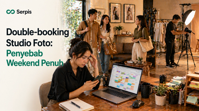 Ilustrasi cover artikel Serpis tentang double-booking studio foto saat weekend, menampilkan admin mengecek WhatsApp dan kalender booking penuh di laptop, dua klien datang hampir bersamaan, serta fotografer menyiapkan kamera dan lighting di studio foto yang ramai.
