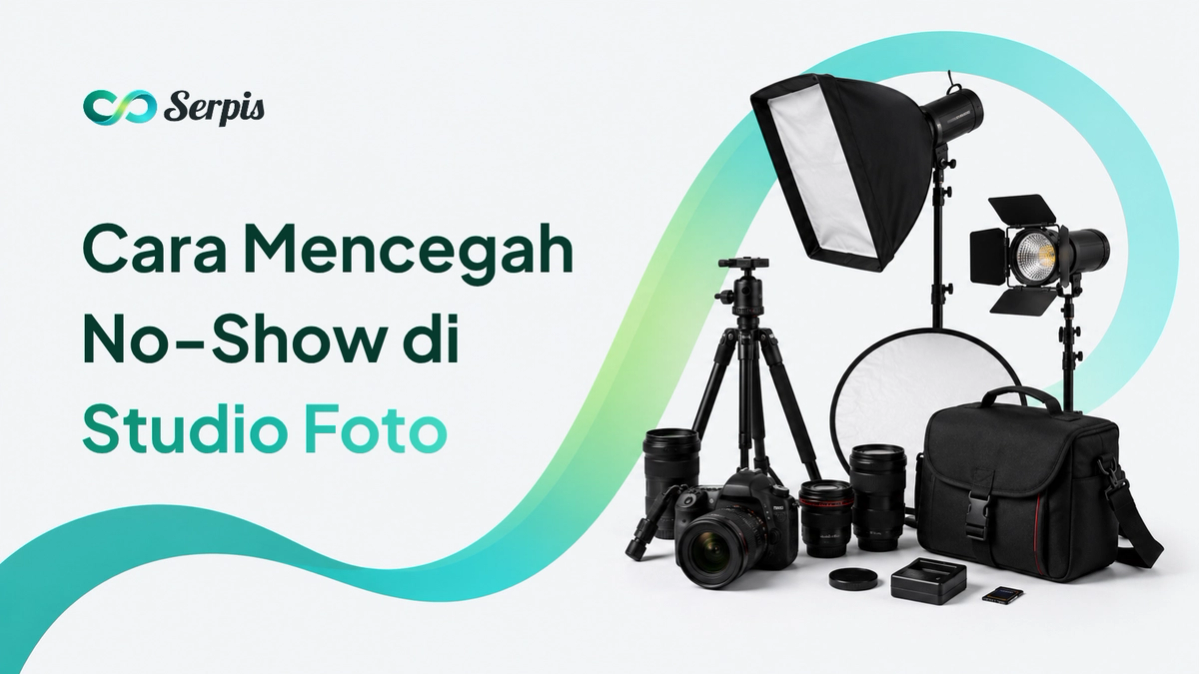 Ilustrasi perlengkapan studio foto berupa kamera DSLR, lensa, tripod, softbox, lampu studio, reflektor, tas kamera, dan kartu memori dengan latar putih minimalis serta aksen pita hijau toska.