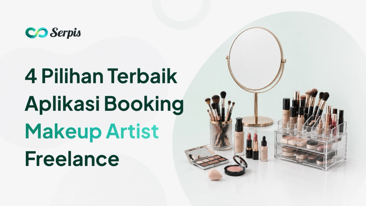 Ilustrasi perlengkapan makeup berupa cermin meja, kuas makeup, foundation, lipstik, eyeshadow palette, blush, spons makeup, dan organizer kosmetik akrilik di atas meja putih dengan latar minimalis bernuansa hijau muda.
