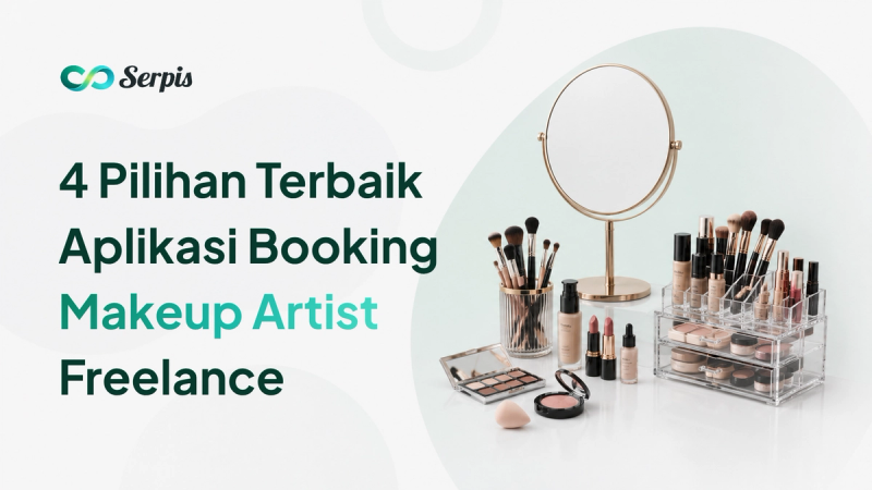 Ilustrasi perlengkapan makeup berupa cermin meja, kuas makeup, foundation, lipstik, eyeshadow palette, blush, spons makeup, dan organizer kosmetik akrilik di atas meja putih dengan latar minimalis bernuansa hijau muda.