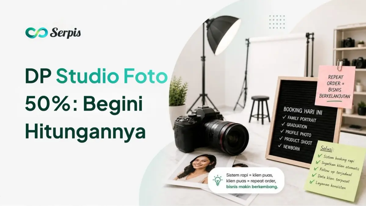 Gambar cover blog Serpis dengan judul “DP Studio Foto 50%: Begini Hitungannya”, menampilkan ilustrasi studio foto dengan kamera, lampu studio, papan booking, hasil foto portrait, dan catatan solusi untuk sistem booking yang lebih rapi.