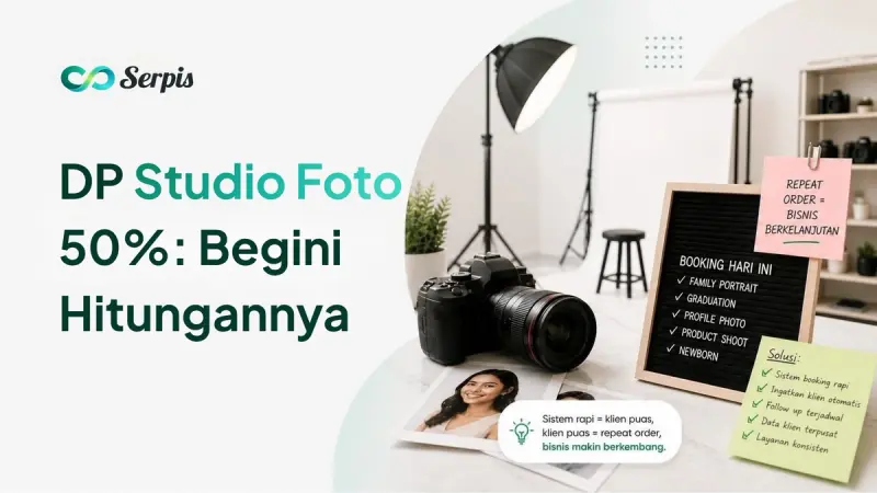Gambar cover blog Serpis dengan judul “DP Studio Foto 50%: Begini Hitungannya”, menampilkan ilustrasi studio foto dengan kamera, lampu studio, papan booking, hasil foto portrait, dan catatan solusi untuk sistem booking yang lebih rapi.