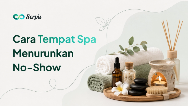 Ilustrasi perlengkapan spa berupa handuk gulung, botol essential oil, garam mandi, batu pijat, diffuser aromaterapi, lilin, sikat tubuh, dan bunga putih di atas nampan kayu dengan latar minimalis bernuansa hijau muda.