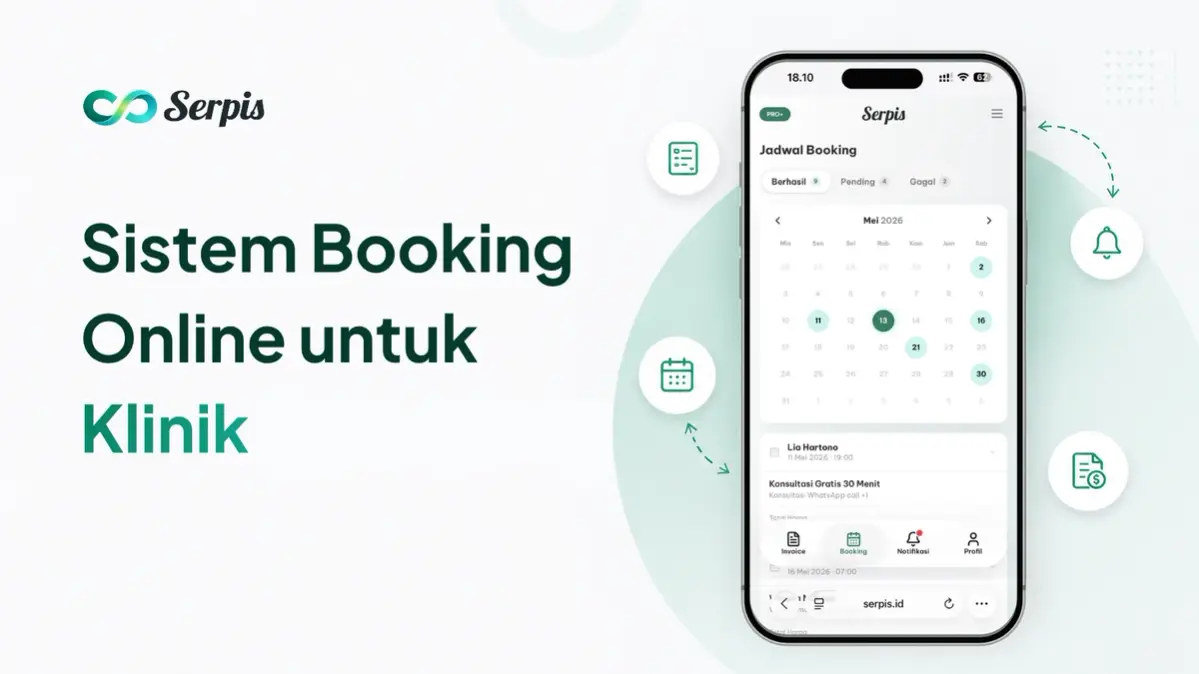 Ilustrasi promosi sistem booking online untuk klinik kecantikan, menampilkan smartphone dengan jadwal booking dan kalender, ikon notifikasi, formulir, kalender, dan invoice di latar putih minimalis bernuansa hijau muda.