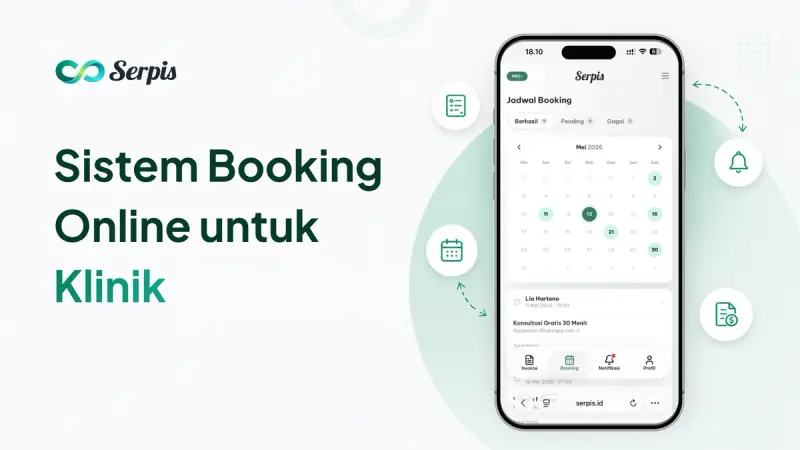 Ilustrasi promosi sistem booking online untuk klinik kecantikan, menampilkan smartphone dengan jadwal booking dan kalender, ikon notifikasi, formulir, kalender, dan invoice di latar putih minimalis bernuansa hijau muda.