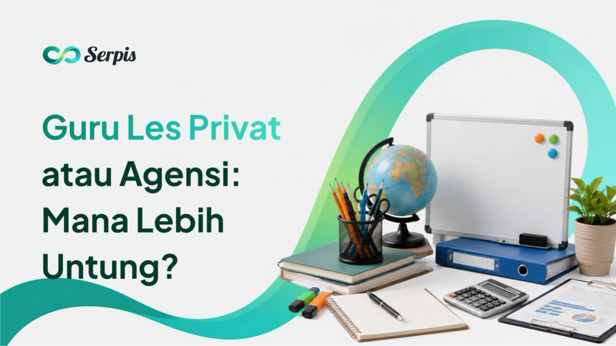 Ilustrasi cover Serpis dengan latar putih minimalis, elemen gelombang hijau-toska, serta objek kelas dan agensi seperti papan tulis, globe, buku, alat tulis, kalkulator, dokumen laporan, binder, dan tanaman hias.
