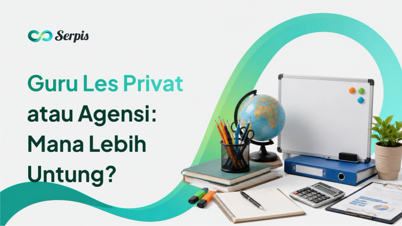 Ilustrasi cover Serpis dengan latar putih minimalis, elemen gelombang hijau-toska, serta objek kelas dan agensi seperti papan tulis, globe, buku, alat tulis, kalkulator, dokumen laporan, binder, dan tanaman hias.