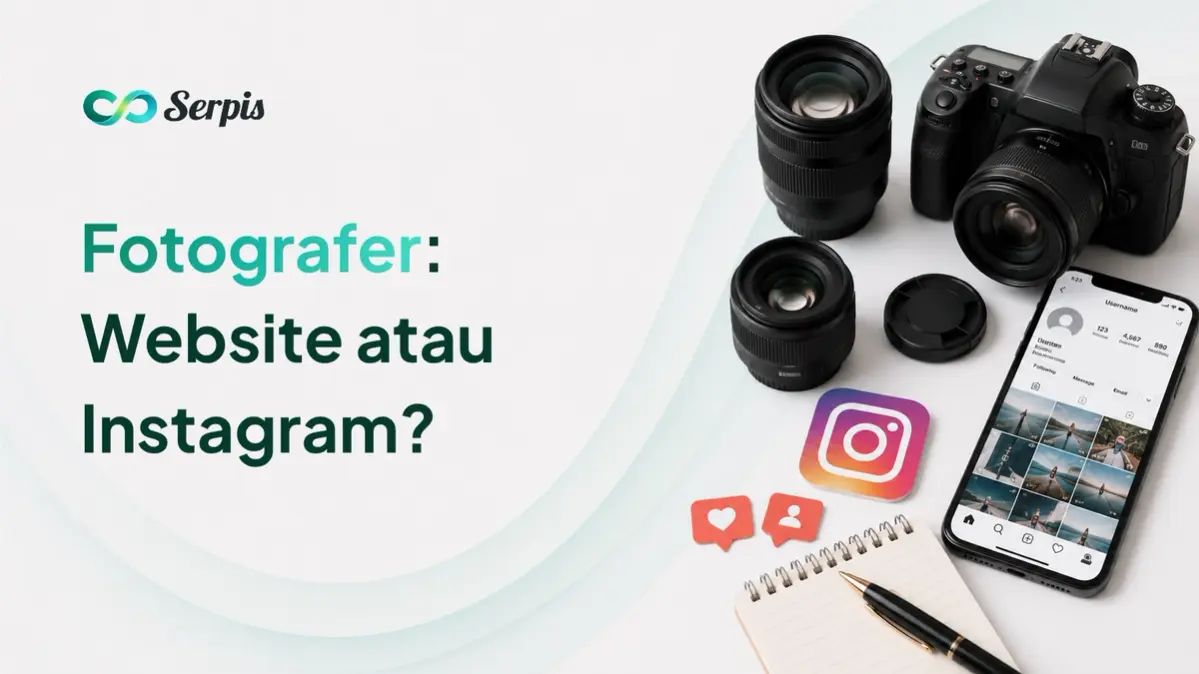 Banner flat-lay minimalis dengan latar putih dan aksen hijau mint, menampilkan kamera DSLR, lensa kamera, smartphone dengan tampilan profil media sosial, ikon Instagram, ikon notifikasi, buku catatan, dan pulpen yang tersusun di sisi kanan dengan ruang kosong di sisi kiri.