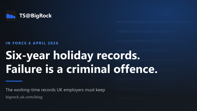TS@BigRock graphic reading "Six-year holiday records. Failure is a criminal offence.", marked in force 6 April 2026.