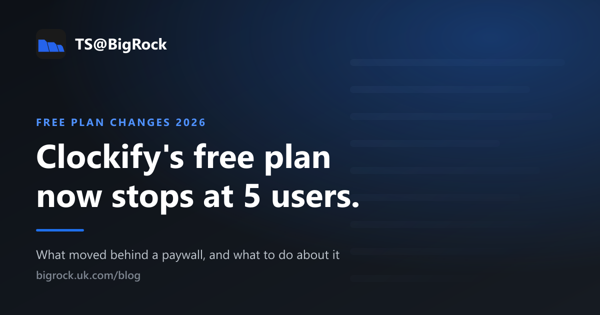 TS@BigRock graphic reading "Clockify's free plan now stops at 5 users.", labelled free plan changes 2026.
