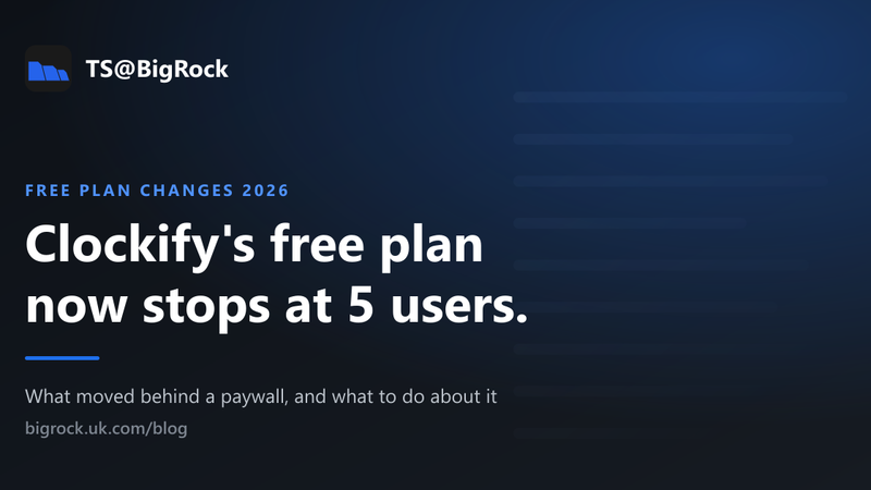 TS@BigRock graphic reading "Clockify's free plan now stops at 5 users.", labelled free plan changes 2026.