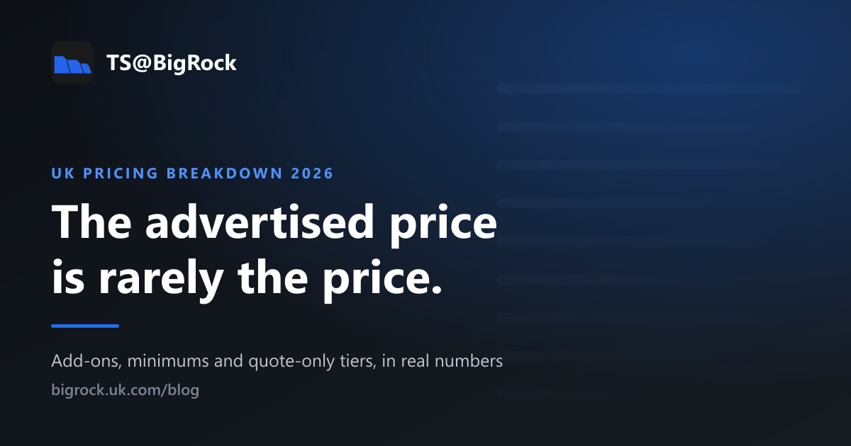 TS@BigRock graphic reading "The advertised price is rarely the price.", labelled UK pricing breakdown 2026.