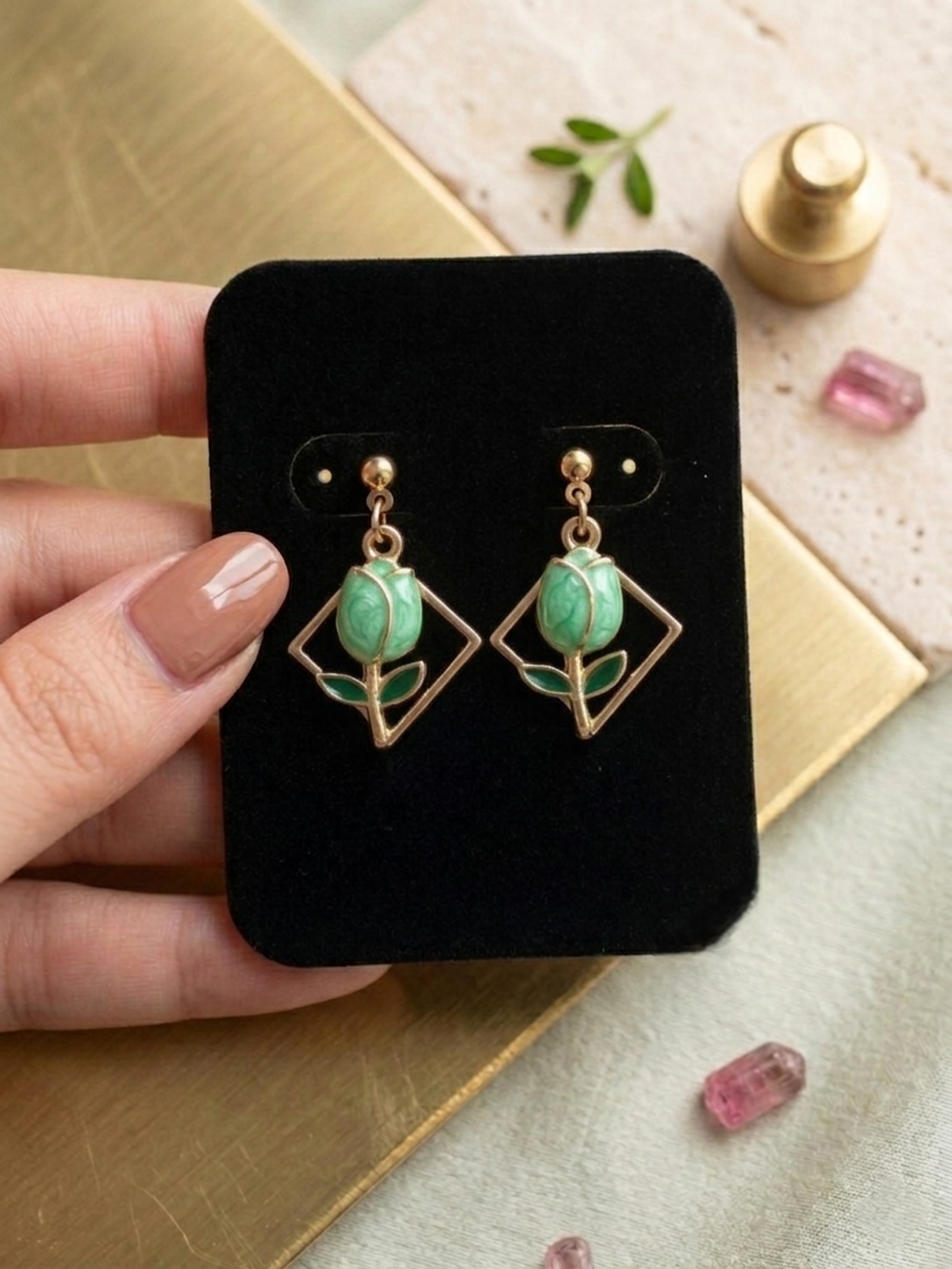 The Flora Diamond Sage Green, Earrings