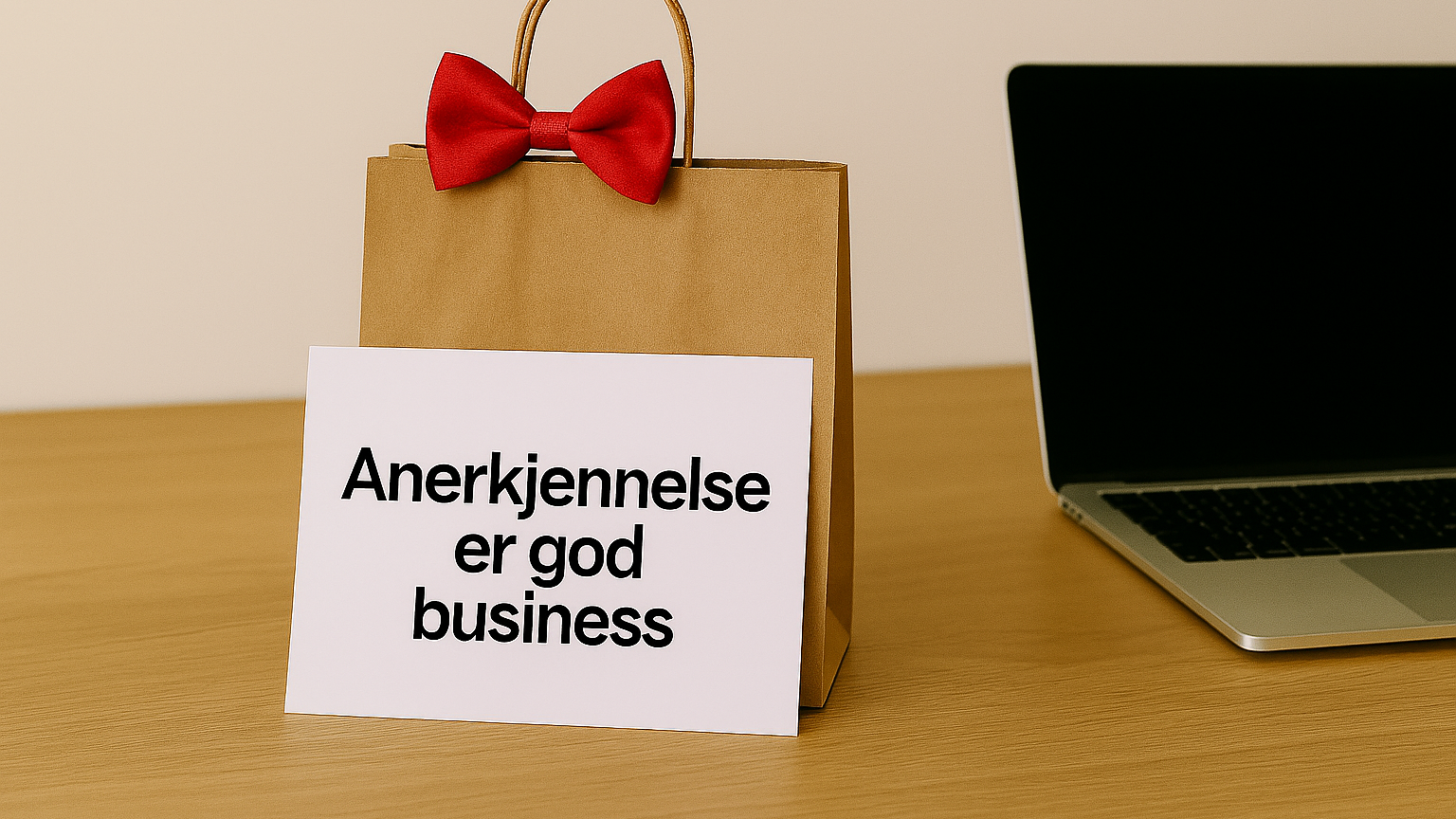 a brown paper bag with a red bow and a sign that says anerkjennelse er god business