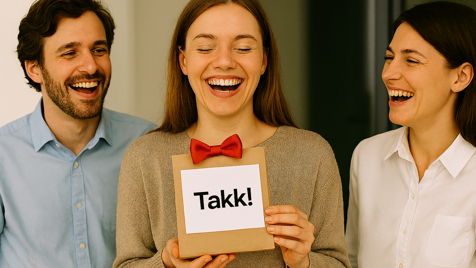 a woman wearing a red bow tie is holding a card that says takk