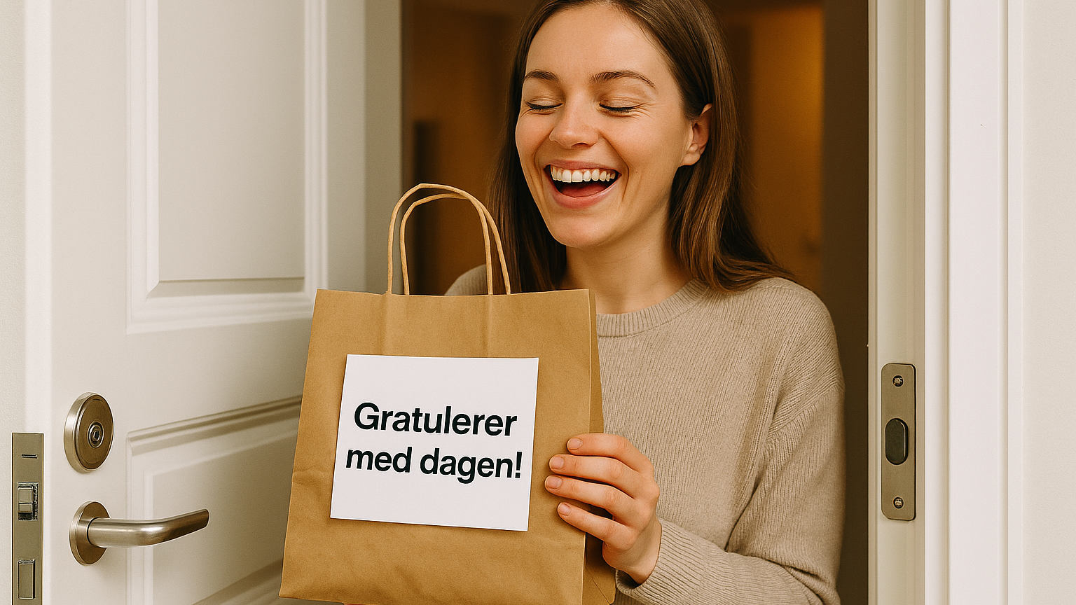 a woman is holding a bag that says gratulerer med dagen