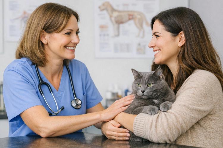 Veterinaria junto a un tutor y su mascota, reflejando el vínculo humano-animal y la confianza en la atención veterinaria.