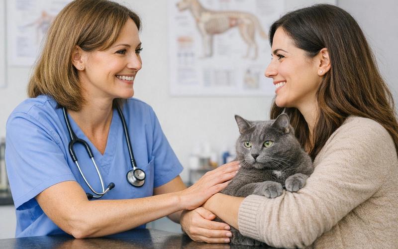 Veterinaria junto a un tutor y su mascota, reflejando el vínculo humano-animal y la confianza en la atención veterinaria.