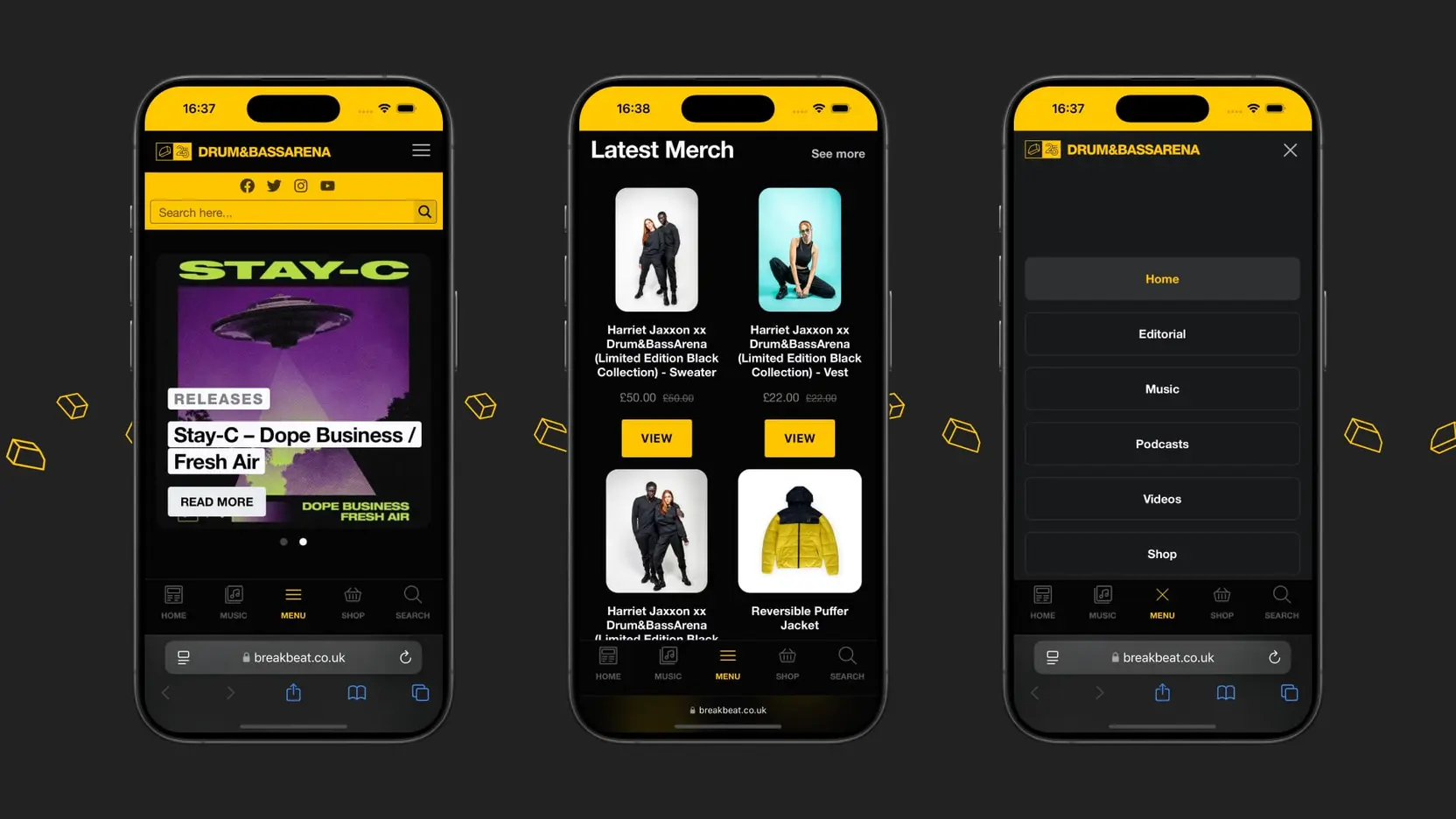 Drum&BassArena website mobile mockups.