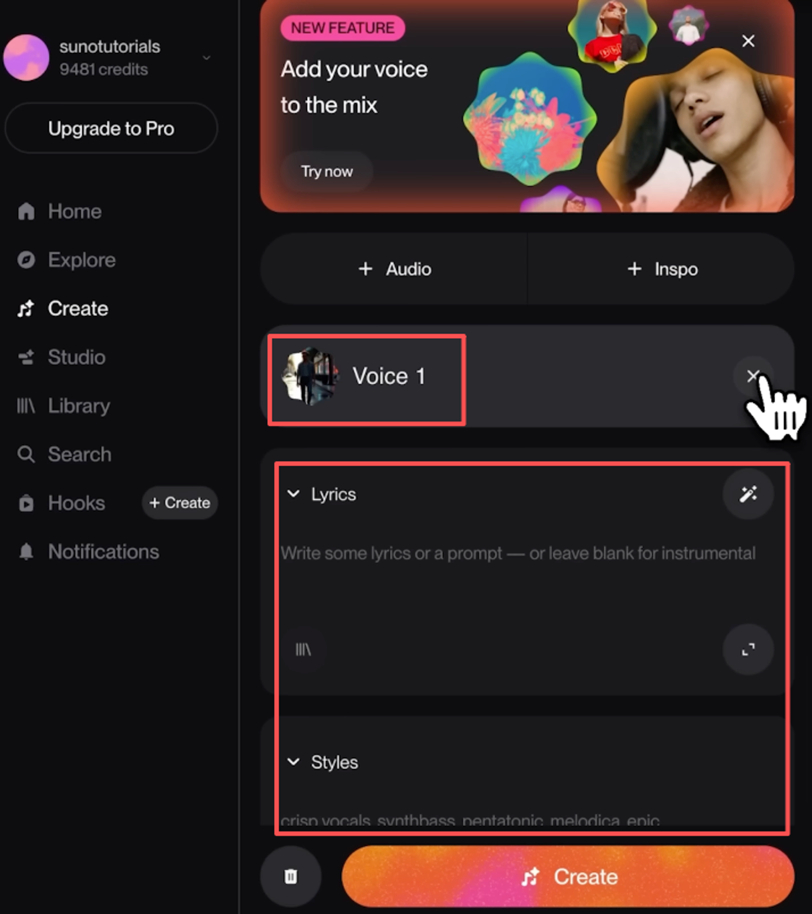 The Suno creation dashboard showing lyrics and styles with custom suno v5.5 voices successfully added to the new music mix.