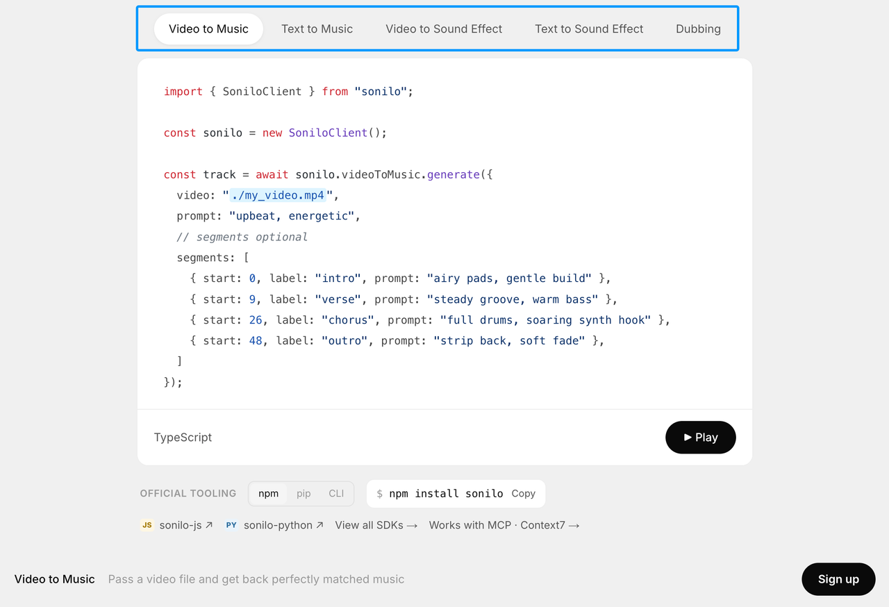 TypeScript code for video-to-music API integrations in the best ai music generation platforms 2026 for developers.