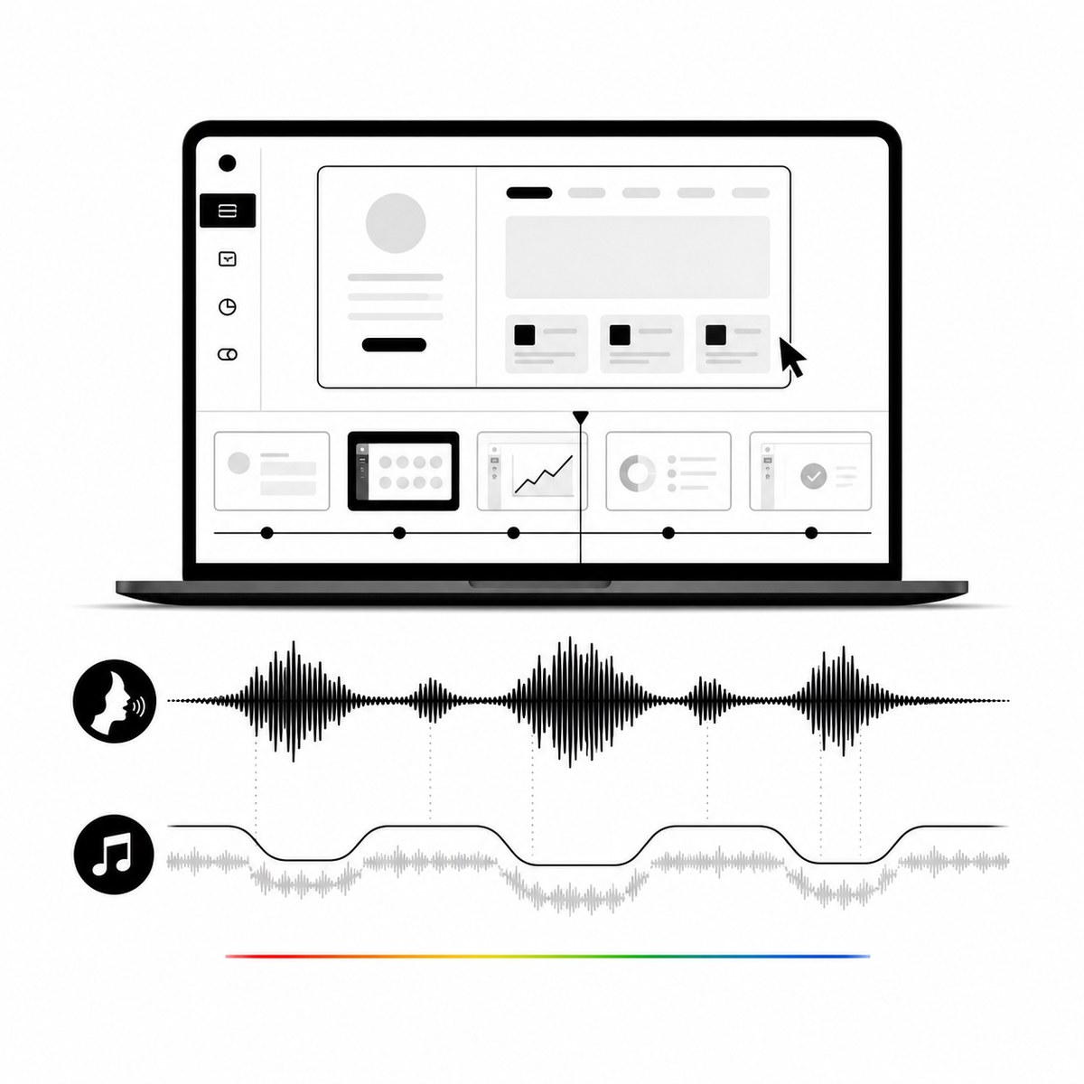 Software product demo timeline with a voice waveform above music that lowers during narration