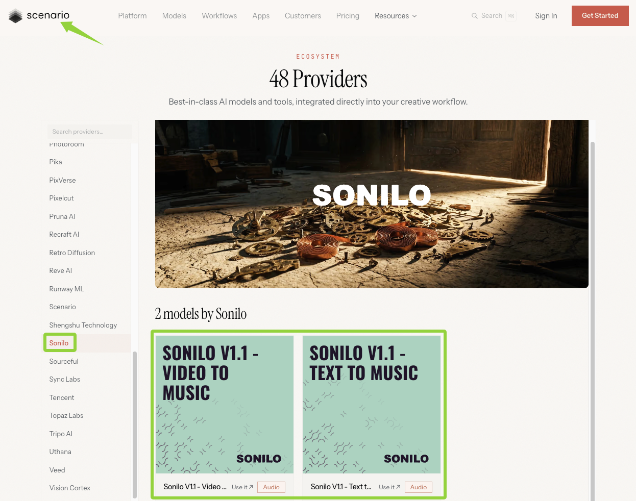 Sonilo is partnering with Scenario shown in Scenario’s ecosystem with Sonilo V1.1 - Video to Music and Sonilo V1.1 -Text to Music models listed among top AI providers.