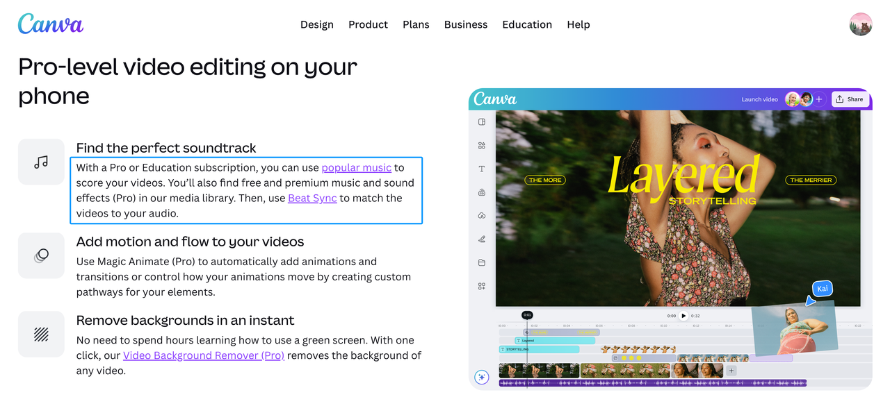 The Canva website highlighting its built-in media library functioning as a versatile sound effects app.