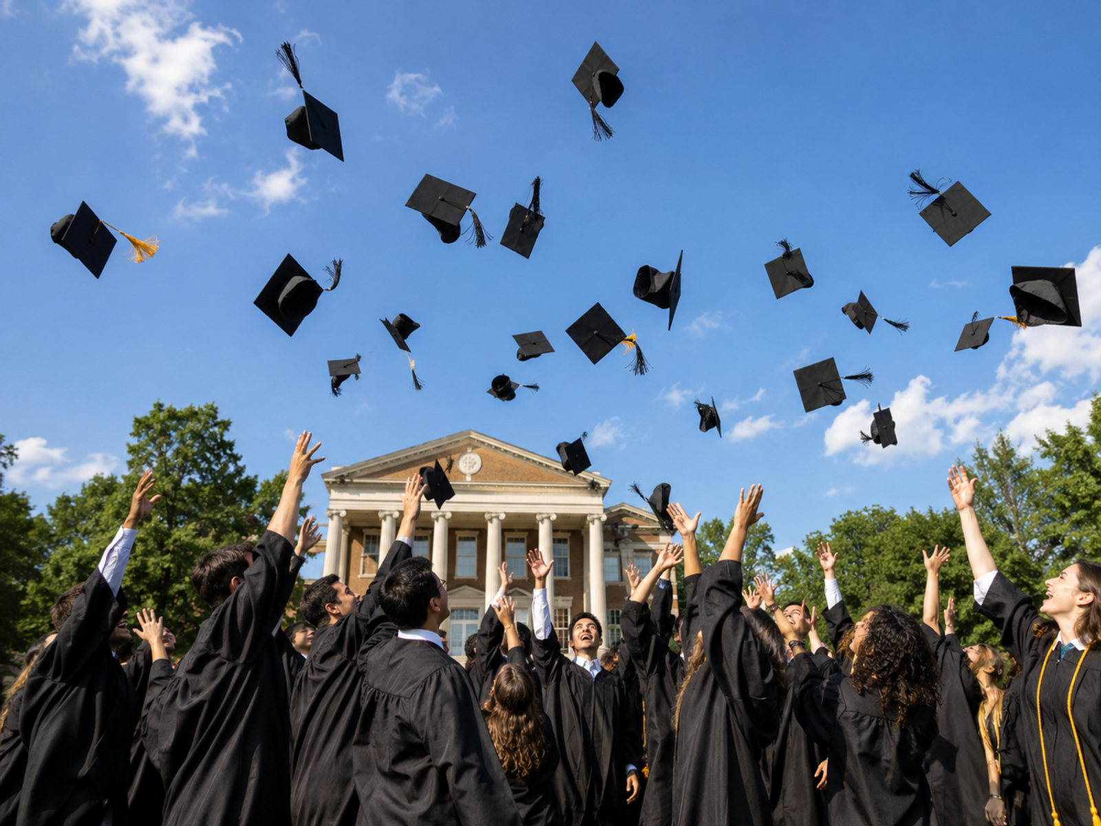 Happy students throwing caps. Find uplifting graduation video music ideas to match this joyful and celebratory moment.