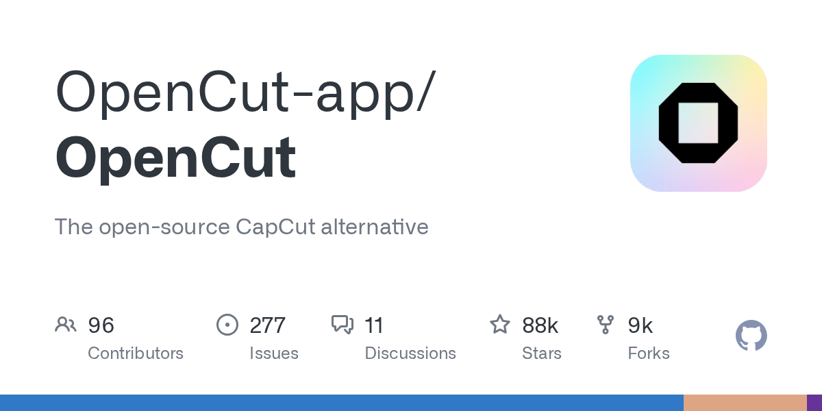 GitHub repository page header for the OpenCut open source CapCut alternative, featuring OpenCut music related insights.