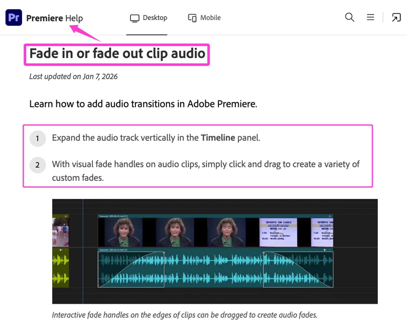 A help page screenshot explaining how to drag handles to add audio fade out to video in Premiere.